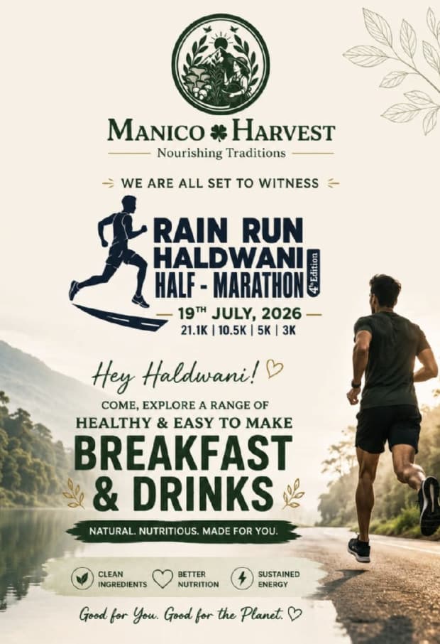 Manico Harvest poster announcing their stall at the Rain Run Haldwani Half Marathon